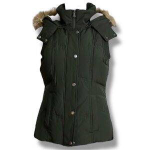 Down Puffer Vest Army Green Detachable Faux Fur Hood Women’s Size XS